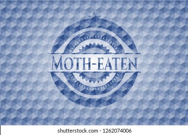 Moth-eaten blue badge with geometric pattern background.