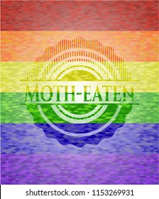 Moth-eaten emblem on mosaic background with the colors of the LGBT flag