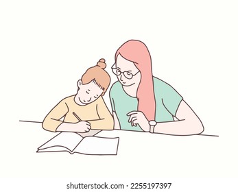 La madre acompaña a la hija para estudiar ilustraciones simples de estilo coreano