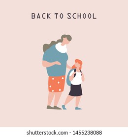 Mother accompanies the student to school. Vector illustration with school education concept for posters, brochures, postcards