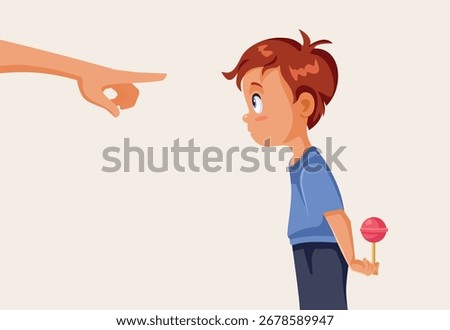 
Mother Accusing her Son of Stealing Candy Vector Cartoon Illustration. Disobedient child addicted to sugar stealing sweets 
