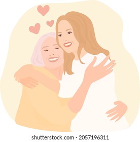 Mother and adult daughter hug. The concept of maternal love. Mother's Day vector illustration