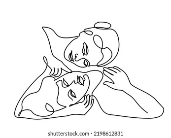 Mother and adult daughter hug. Continuous one line drawing. Vector illustration, minimalism, line art. Postcard poster sticker print