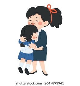 Mãe carinhosamente abraçando filha desenho animado