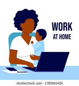 Mother african american black with child working laptop at home. Working on maternity leave with baby in her arms. Combining motherhood and career. Vector flat illustration