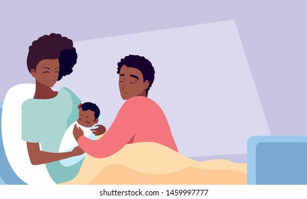mother afro with newborn in hospital bed and father observing