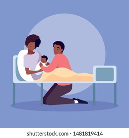 mother afro with newborn in stretcher and father observing