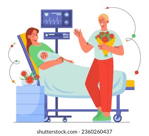 Mother after childbirth concept. Father with bouquet of flowers for woman with kid. Parenthood and childhood. Happy family in hospital. Couple with son or daughter. Cartoon flat vector illustration