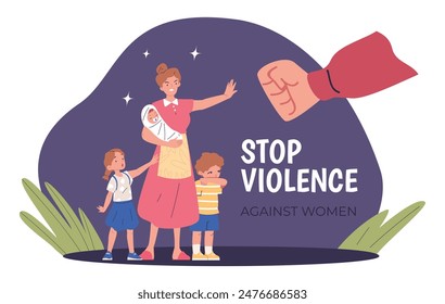 Mother against violence. Abusive husband fist fight with wife, woman protect scared children, family home conflicts domestic bullying pressure unhappy marriage vector illustration