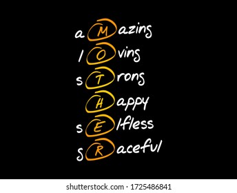 MOTHER - Amazing Loving Strong Happy Selfless Graceful, acronym concept background
