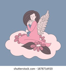 Mother with angel wing holds a small child in her arms. Woman with a child sitting on a cloud. Symbol of love and maternal protection