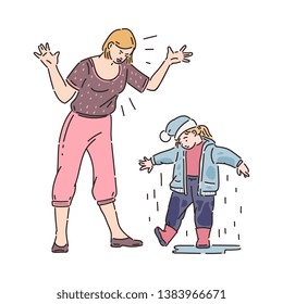 Mother Angry At Child For Wet Dirty Clothes After Rain. Family Conflict, Parent Anger At Bad Behavior, Sad Daughter Listening To Reprimand, Isolated Cartoon Vector Illustration On White Background