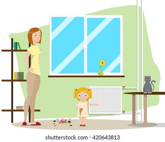 Mother is angry at her daughter because she broke the vase, but the daughter blames cat. Vector illustration