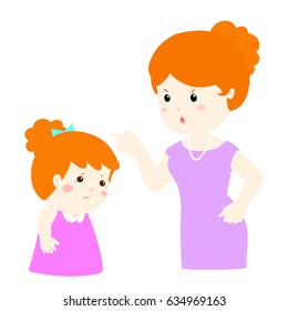 Mother angry at her daughter and blame him.Mom scolds children vector illustration.