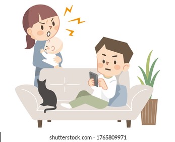 Mother angry with her father lying on the sofa