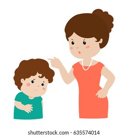 Mother angry at her son and blame him.Mom scolds children vector illustration.