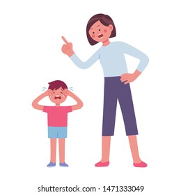 a mother is angry at her son and the child cries, a mother's angry expression at her child, vector character illustration