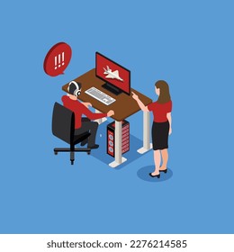 Mother angry to her son playing game on PC 3d isometric vector illustration concept for banner, website, landing page, ads, flyer template