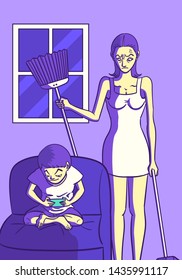mother angry her son who's played smartphone all day but don't household work