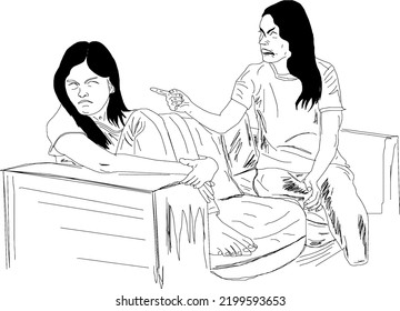 Mother Angry On Her Daughter, Mother And Daughter Argument Cartoon Doodle, Line Art Vector Of Angry Mother And Child, Stressed People Silhouette