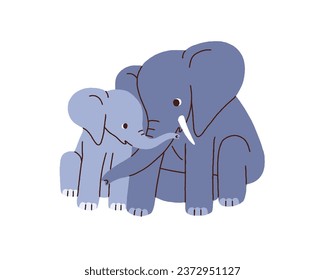 Mother animal and baby cub. Mom and elephant calf, kid. Cute adorable wild jungle family, mommy and child characters sitting together. Flat vector illustration isolated on white background