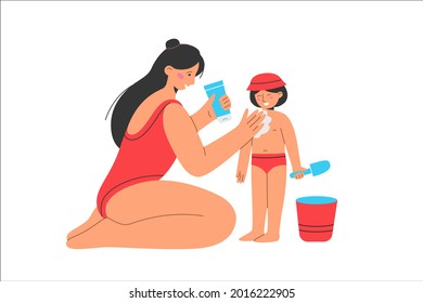 Mother Applies Sunscreen To The  Baby Skin. Kid Sun Cream. Sun Protection For Kid Skin. Summer Vacation. Vector Flat Illustration Isolated  On White Background. 