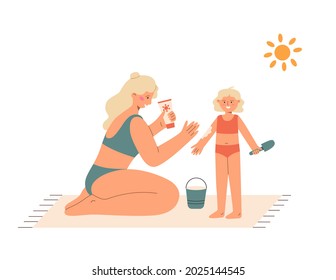 Mother Applies Sunscreen To The  Baby Skin. Kid Sun Cream. Sun Protection For Kid Skin. Summer Vacation. Vector Flat Illustration Isolated  On White Background. 