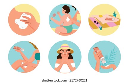 Mother Applying Sunscreen To Baby. Family Using SPF Lotion. UV Protection. Vacation On The Beach. SPF Cream Using Vector Illustration.