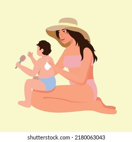 Mother Applying Sunscreen To Baby. UV Protection. Vacation On The Beach. SPF Cream Using Vector Illustration.
