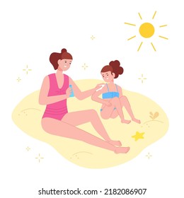 Mother applying sunscreen. Mom apply sunburn protection cream to baby skin of body or face, child skincare sunblock dermatology cosmetics on summer sun beach, vector illustration protection out of sun