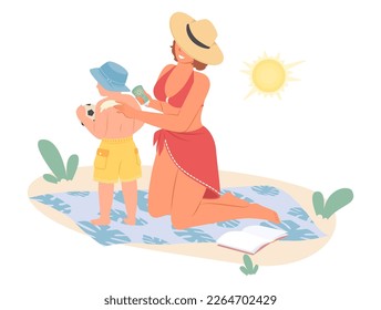 Mother applying sunscreen on son skin vector illustration. Mom and little kid rest on beach sunbathing under hot sun in summer. Holiday vacation at seaside