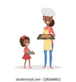 Mother in apron and daughter cooking at home. Homemade bakery. Bread and cupcake. Family activity. Flat vector illustration.