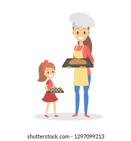 Mother in apron and daughter cooking at home. Homemade bakery. Bread and cupcake. Family activity. Flat vector illustration.