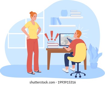 Mother Argue With Procrastinating Teen Son 2D Vector Isolated Illustration. Kid Playing Computer Games. Mom With Adolescent Kid Flat Characters On Cartoon Background. Teenager Problem Colourful Scene