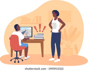 Mother argue with teenager about homework 2D vector isolated illustration. Child procrastinating on homework and mom angry with him flat characters on cartoon background. Teen problem colourful scene