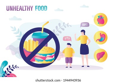 Mother ask fat son limiting intake of junk fast food. Obesity problem, unhealthy food. Concept of dietetics and restrictions. Health care problems. Human organs icons. Flat vector illustration