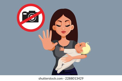 
Mother Asking People Not to Take Photos of her Baby Vector Illustration. Angry mom trying to protect the privacy of her newborn
