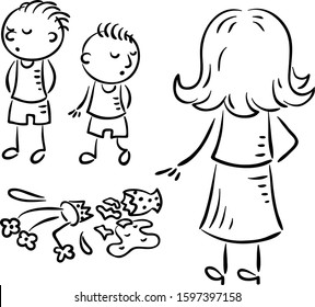 Mother is asking who of the boys broke the vase, black and white vector illustration