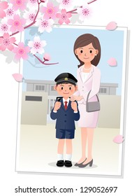 Mother attending her son's school ceremony at Cherry blossom season. Gradients, Gradation mesh, clipping mask is used. EPS10