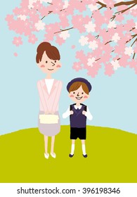Mother attending her son's school ceremony at Cherry blossom season. Japanese seasonal school event.