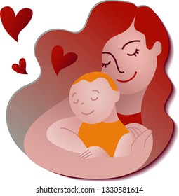 Mother with auburn hair holding her baby. Flat design. Vector.
