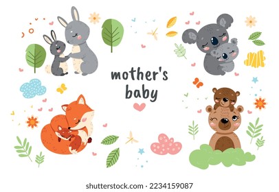 Mother with babies cute. Forest dwellers, bear, fox, koala and rabbit. Fauna and wild life, nature. Poster or banner for website. Animals and leaves, foliage. Cartoon flat vector illustration