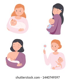 Mother with babies. Female nurse toddlers. Young moms and little children. Happy parenting characters. Maternity concept illustration