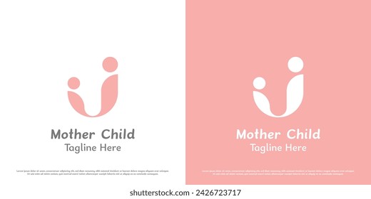 Mother baby abstract logo design illustration. Silhouettes of people parent family girl motherhood child son infant embrace support care affection. Simple minimal geometric feminine happy joy gentle.