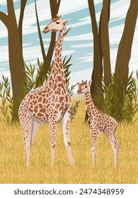 Mother and baby African giraffe in the savannah with dry grass and trees. Wild animals of Africa. Realistic vector vertical landscape