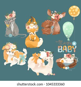 Mother and Baby animals set. Cat, fox, deer (fawn), dog, llama (alpaca) with baby animals, flowers, floral bouquets and balloons