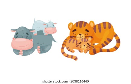 Mother And Baby Animals Set. Hippo And Tiger Moms Hugging Their Kids Cartoon Vector Illustration