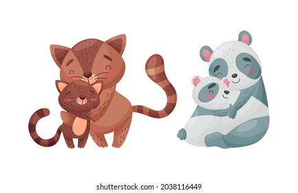 Mother and baby animals set. Wildcat and raccoon moms hugging their kids cartoon vector illustration