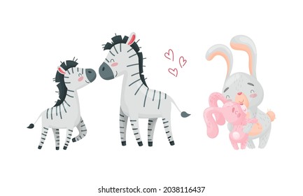 Mother and baby animals set. Zebra and rabbit moms hugging their kids cartoon vector illustration