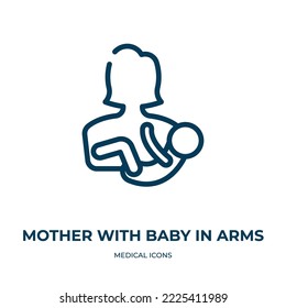 Mother with baby in arms icon. Linear vector illustration from medical icons collection. Outline mother with baby in arms icon vector. Thin line symbol for use on web and mobile apps, logo, print 